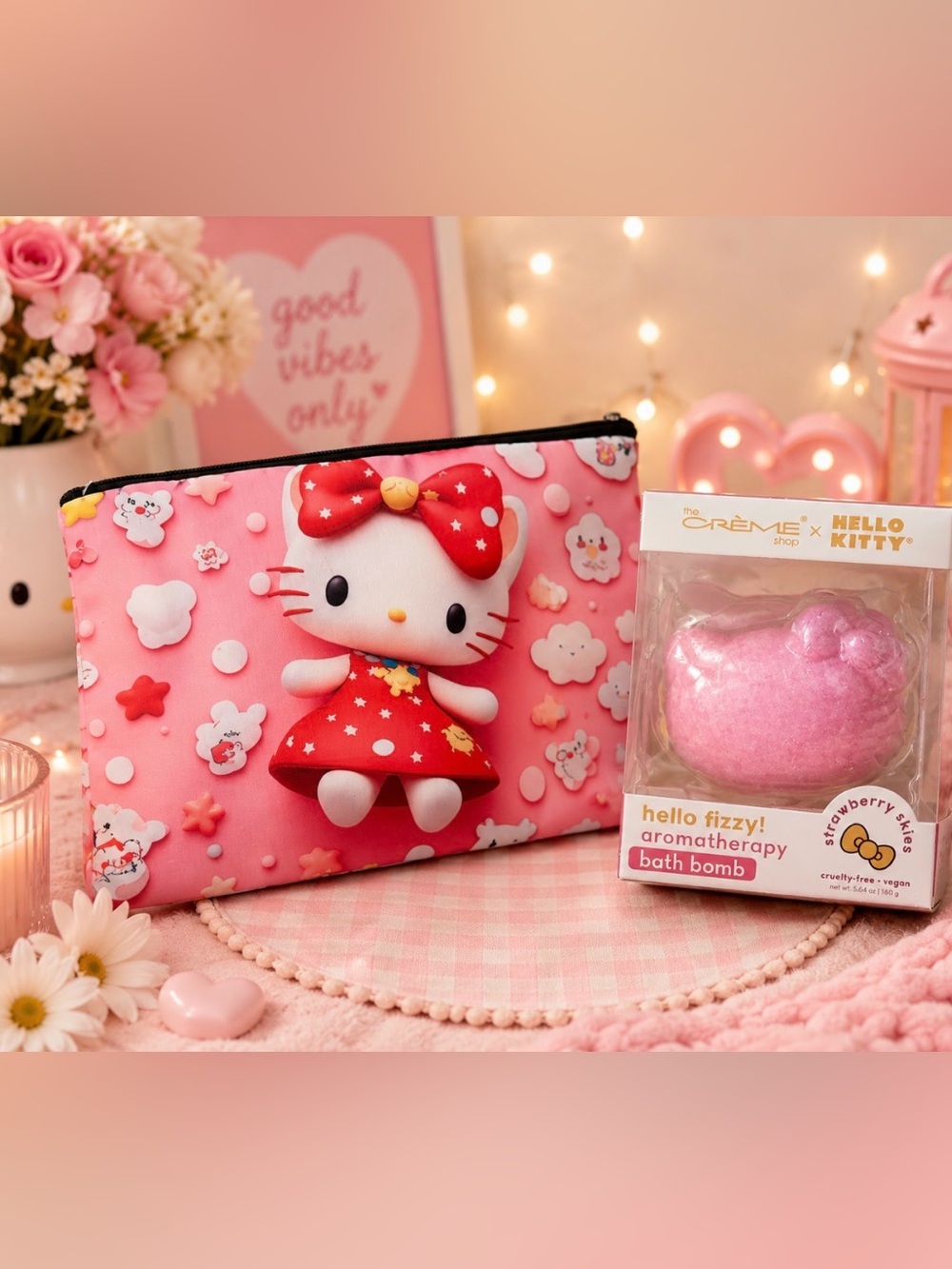 Hello Kitty Pink Cosmetic Pouch with Pink Strawberry Bath Bomb